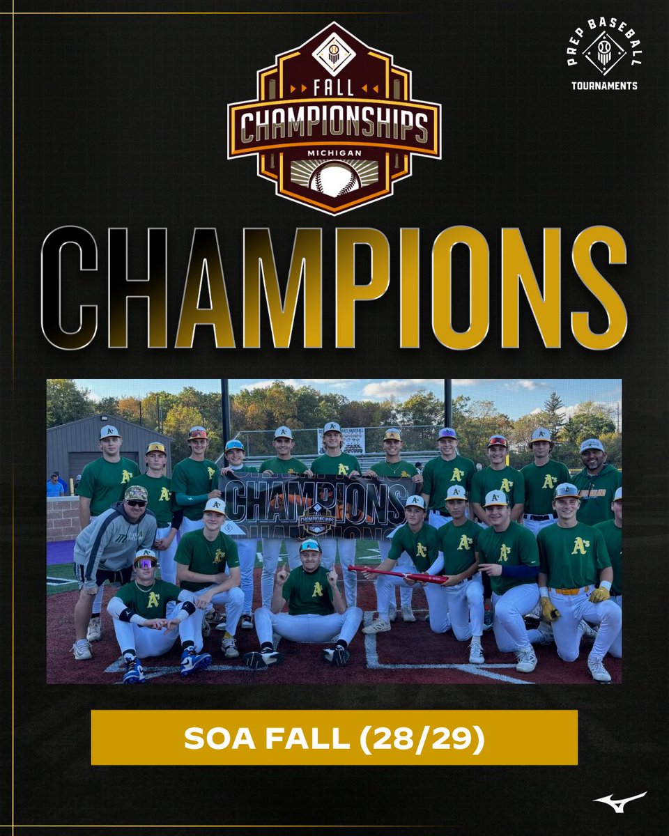 🥇TOURNAMENT CHAMPIONS 🥇

SOA Fall (28/29) | <a href="/SOABaseball1/">South Oakland A’s Baseball</a>

🏆 Prep Baseball Michigan Fall Championship 🏆

⚾️ Underclass Division
📅 10/11-10/12
📍 Detroit, MI

<a href="/PBRTournaments/">Prep Baseball Tournaments</a> | <a href="/PrepBaseMIScout/">Prep Baseball Michigan Scouting Coverage</a> | <a href="/pbtscouting/">Prep Baseball Scouting</a>