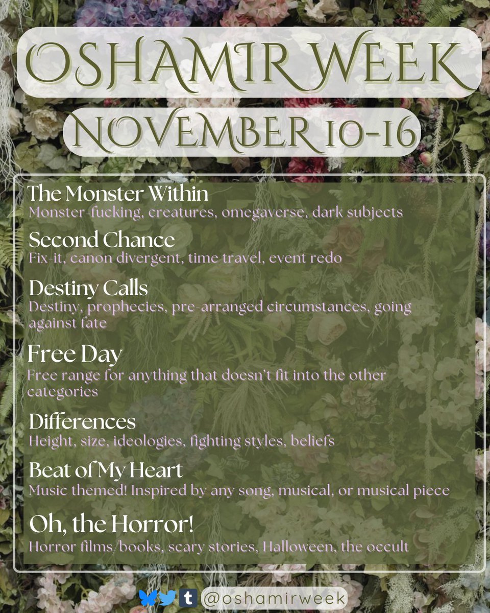 oshamirweek's tweet photo. More information about the prompts for this year's #OshamirWeek!  But please don't worry too much about whether or not the idea you have  in mind fits in the daily prompt -- mods allow for lots of room for  interpretation ✨ https://t.co/RXb9splTXr