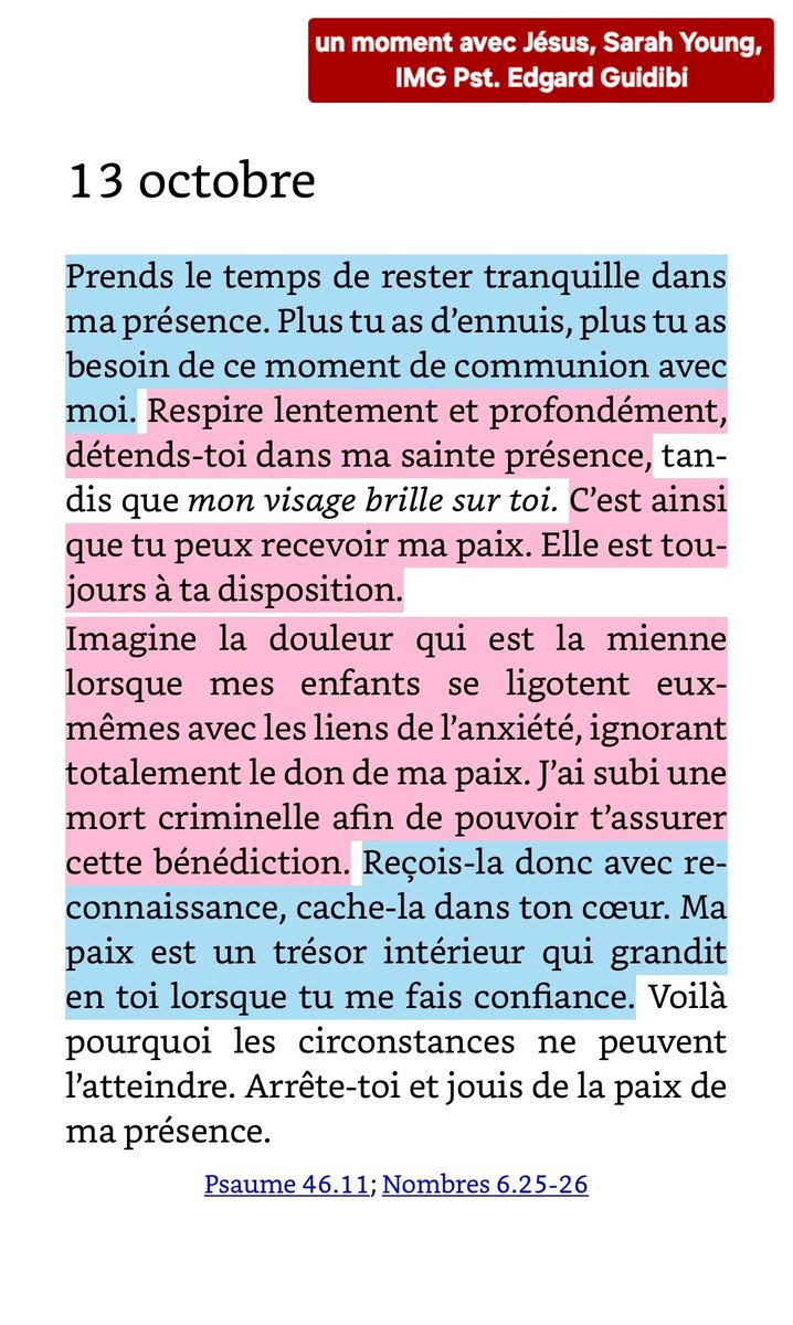 eguidibi's tweet photo. 💎Psaume 46.11
 11«Arrêtez, et sachez que je suis Dieu! Je domine sur les nations, je domine sur la terre.»

💎Nombres 6.25-26
 25Que l’Eternel fasse briller son visage sur toi et t’accorde sa grâce! 26Que l’Eternel se tourne vers toi et te donne la paix!’ https://t.co/vZfcNP4Pbs