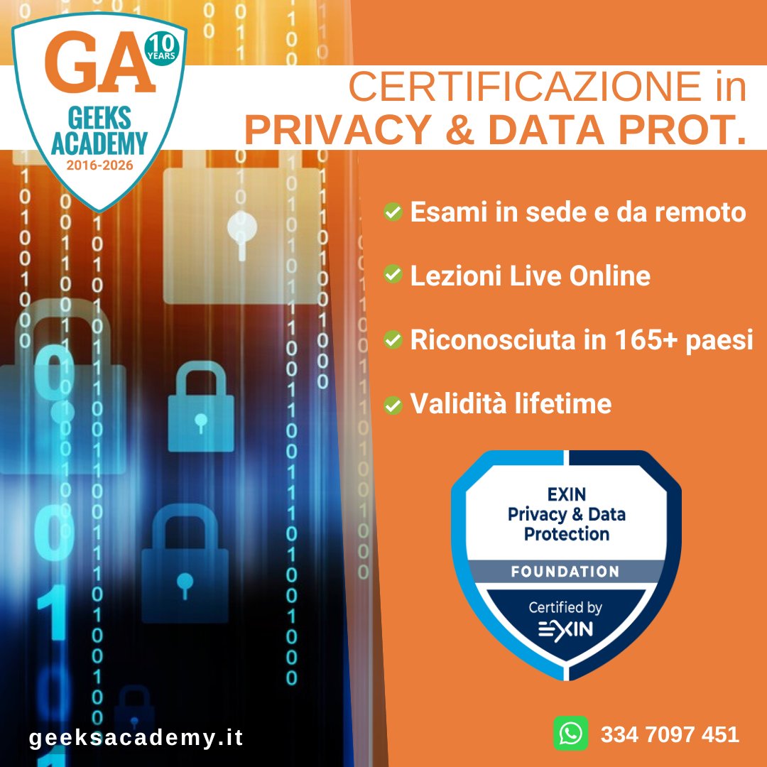 GeeksAcademyEu's tweet image. Fai un importante Upgrade con La #Certificazione #Privacy &amp;amp; #DataProtection di 𝗘𝗫𝗜𝗡 e potrai ricoprire il ruolo strategico di #DPO nella tua azienda. L&apos;esame è con noi in sede e/o da remoto.
Classi di massimo 12 studenti