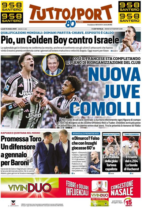 Front Page Tutto Sport Monday 13 October 2025
