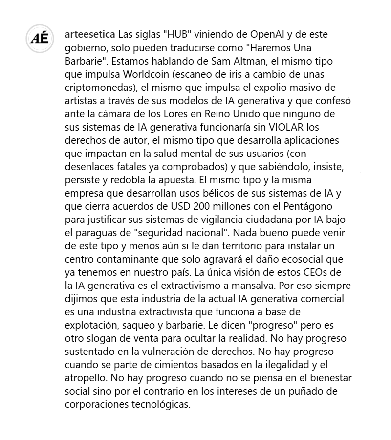 🔴 Expolio, extractivismo y contaminación. Saqueo, apropiación y explotación. Hay que dejar de romantizar el colonialismo digital. OpenAI fue una de las empresas de IA generativa que reconoció la VIOLACIÓN de los derechos de autor para el entrenamiento de sus IA generativas 🤨🇦🇷