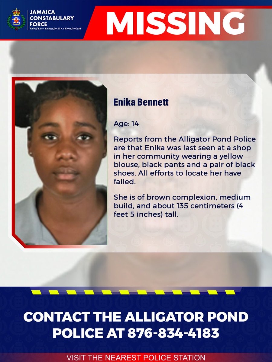JamaicaConstab's tweet image. Help us locate missing Enika Bennett. If you know her whereabouts please call the Alligator Pond Police or the nearest police station.
#AnandaAlert #Missing