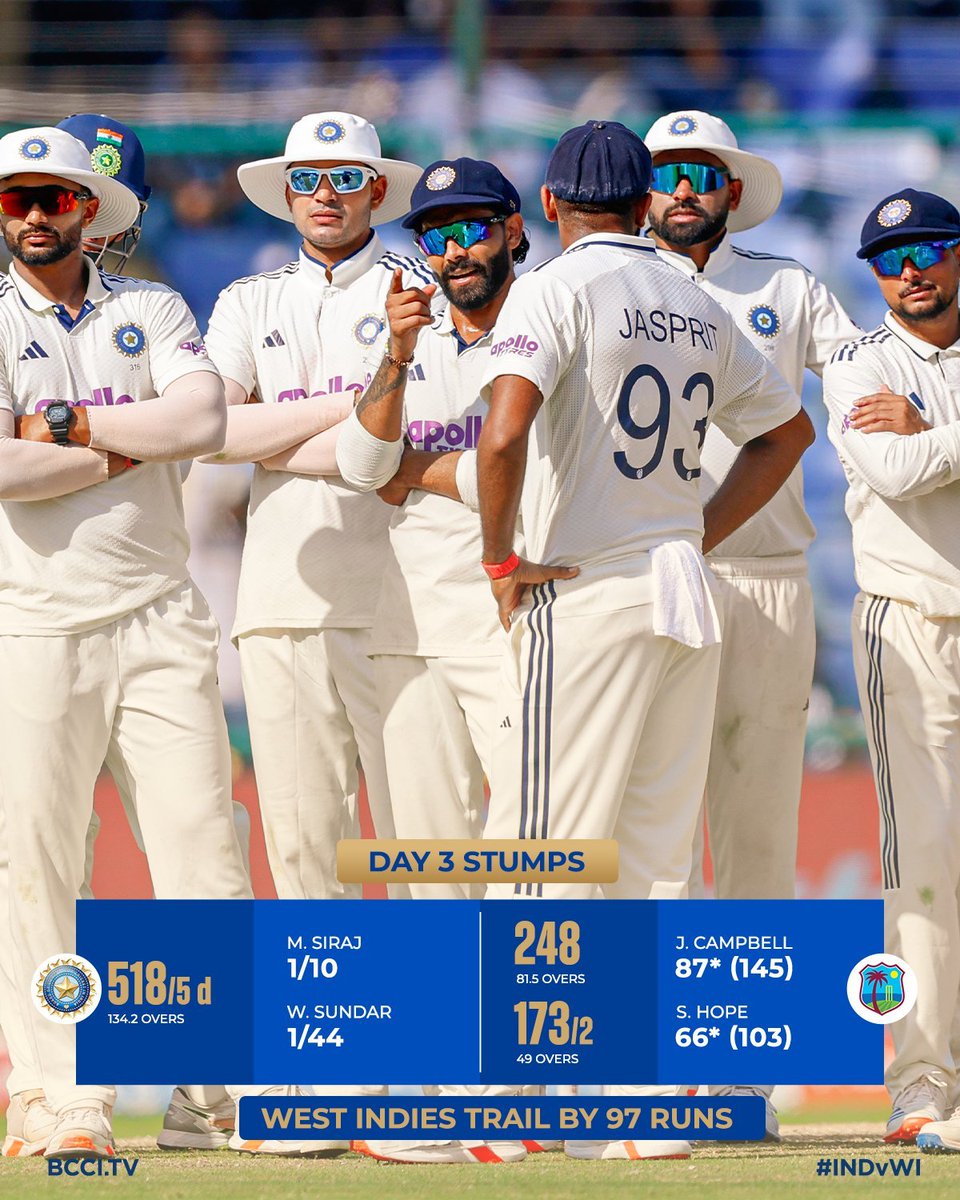 ddnewsSrinagar's tweet image. #INDvsWI 🏏||

West Indies will resume their 2nd innings at an overnight score of 173 for 2 at Arun Jaitley Stadium in Delhi at 09:30 AM. 

#Cricket | #2ndTEST
