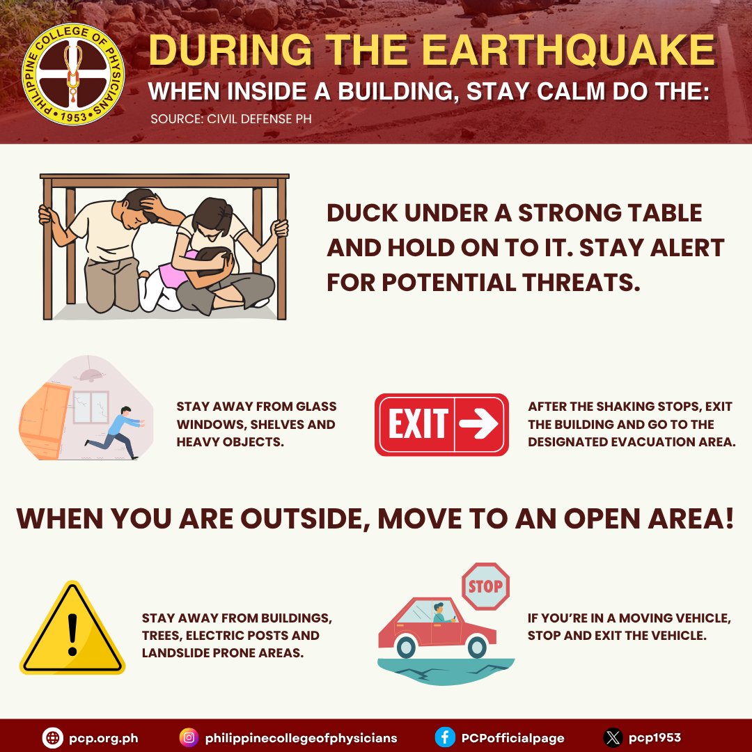 KaPCPeeps's tweet photo. Mga KaPCPeeps, maging ligtas sa panahon ng lindol!

Narito ang ilang earthquake safety tips na maaari n’yong gawin bago, habang at pagkatapos ng lindol. 

#EarthquakePH
#PhilippineCollegeofPhysicians
#PCPParasaBayan https://t.co/SQKI0HyKMJ