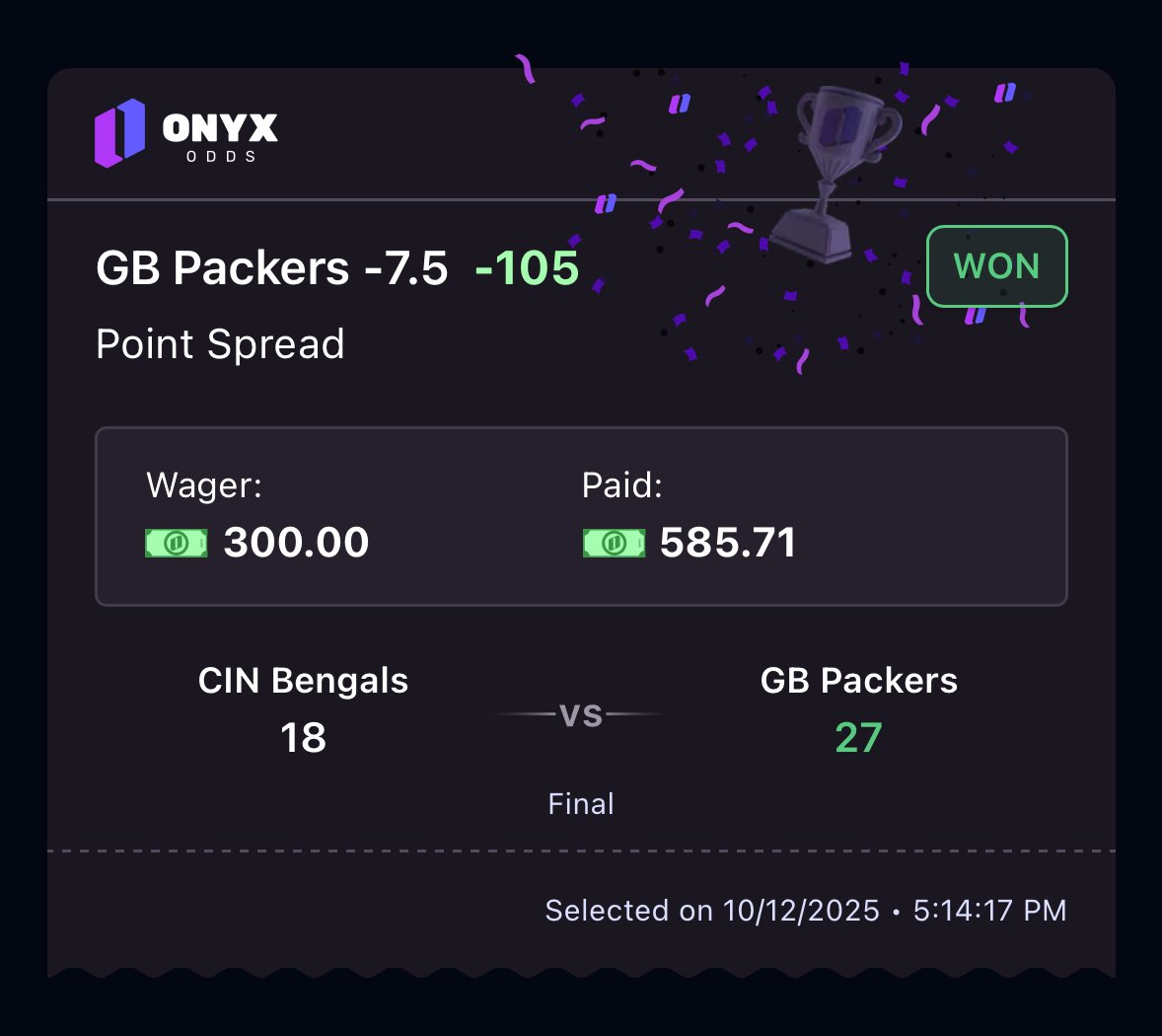 valuevplus's tweet photo. Cash a the live middle 🟢

- Needed Packers to win by 8+
- Needed Bengals to stay within 15
- Final point differential: 9

+547💰 https://t.co/svF8bA5hum
