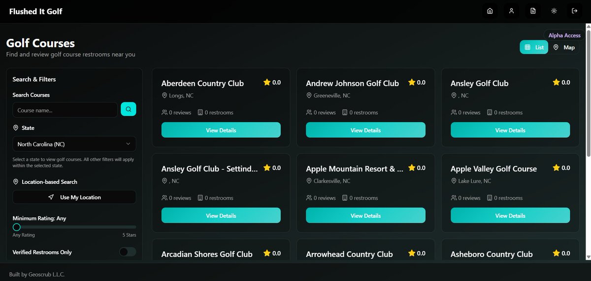 GeoScrubJohnL's tweet photo. The most niche thing I've built: a golf course restroom review platform.

Started as a joke with my friend who has Crohn's. 

Became real when we saw how many golfers—women, seniors, people with medical conditions—avoid courses due to facility uncertainty.
https://t.co/yVjBvTtjOJ https://t.co/FC1nOlkBFO