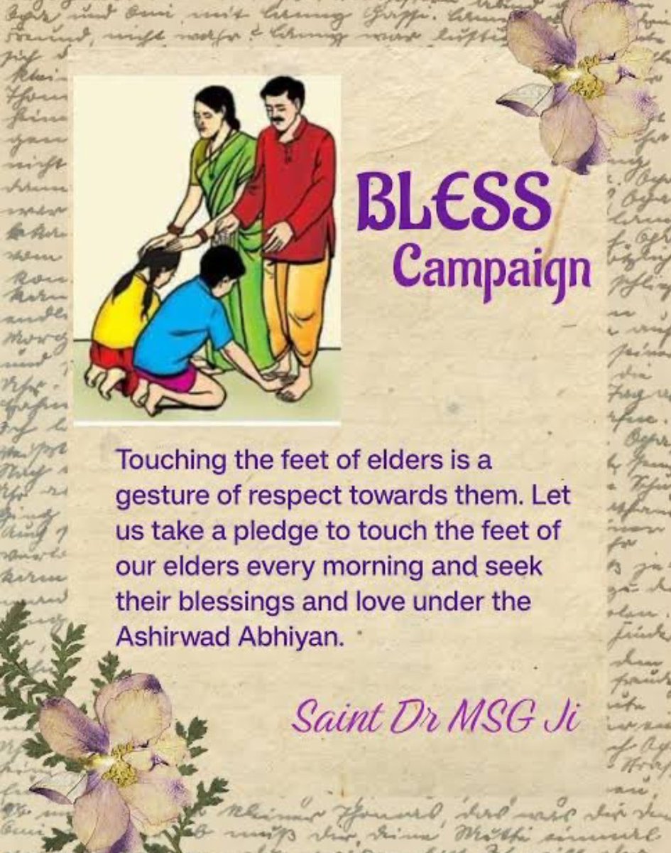 To preserve the Indian culture of touching the feet of elders and seeking blessings from them,Saint Gurmeet Ram Rahim Singh Ji started the BLESS Campaign! Under this, people touch the feet of their elders and seek blessings from them. #GetBlessings