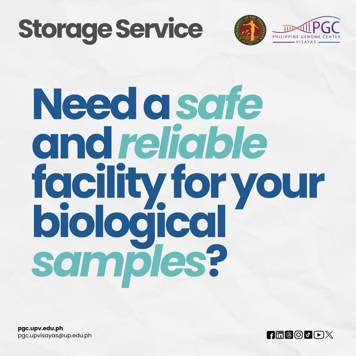 pgcvisayas's tweet image. Sample Storage Services at PGC Visayas

For inquiries, email us at
pgc.upvisayas@up.edu.ph
sequencing.pgc.upvisayas@up.edu.ph

#PGCVisayas #SampleStorage