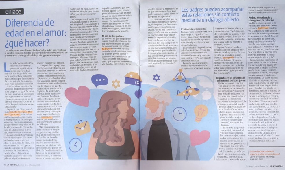 ROMAEC's tweet image. Artículo  domingo 12 de octubre 2025 en @larevista_ec de @eluniversocom 

Colaboración en El Especialista 🧑🏻‍⚕️
(Diferencia de edad en el amor: ¿Qué hacer? )

Revisa el artículo completo en mi página web 
🔗linqapp.com/rodolfo_rodrgu…
Muy agradecido a R. Plaza
Consultas☎️ 0999-87-55-55