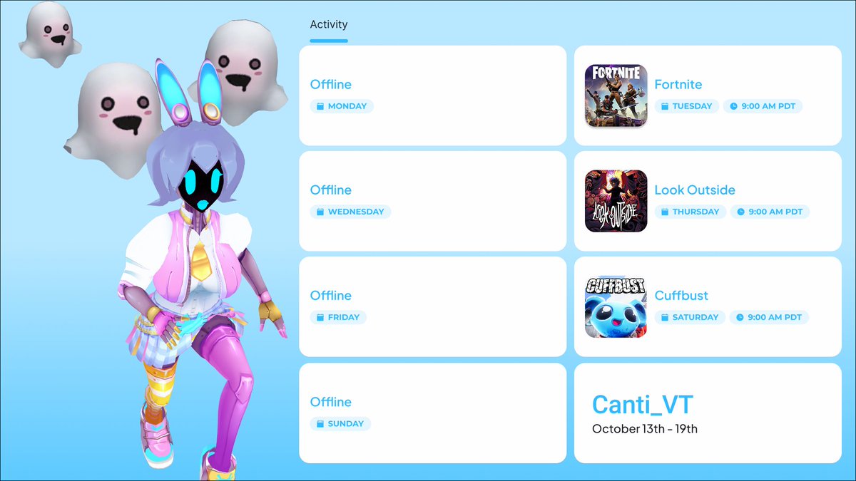 Schedule!
9 am PDT
Tue - Fortnite
Thu - Look Outside
Sat - Cuffbust
#Vtuber #Bunopolis