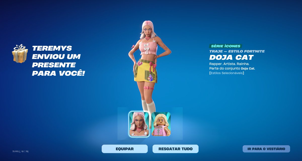 Recebi minha skin linda da Doja Cat que ganhei no sorteio da <a href="/GiVilleneuve/">Gigi Valentine Gamer na Twitch🕷️</a> e do <a href="/teremyss/">ˢᵗᶻ TEREMYS 🎃</a> 🧚🏻‍♀️✨ Obrigada, lindezas!! Fiquei feliz demaisssss, vou arrasar nesse Fortnite