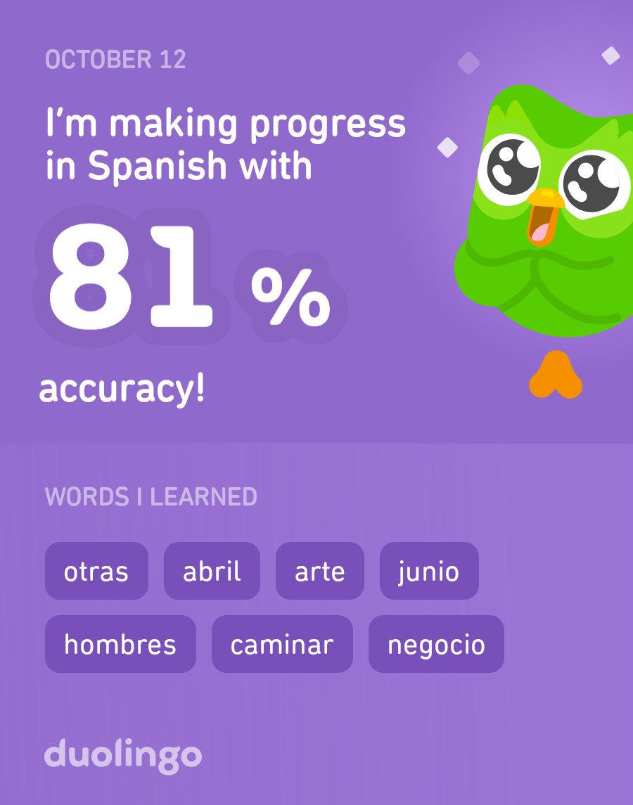 Deborum's tweet image. I’m learning Spanish on Duolingo! It’s free, fun, and effective.