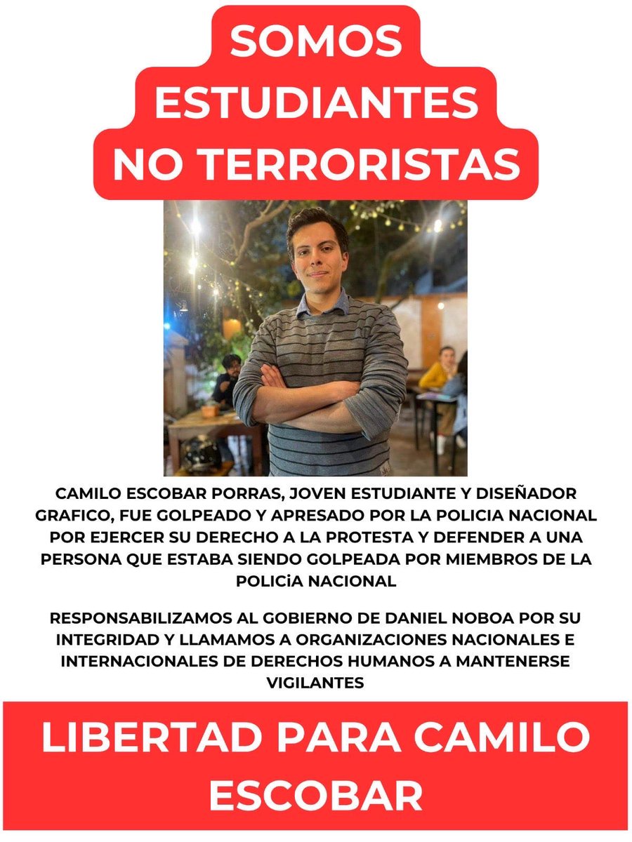 RedKapari's tweet photo. #ATENCIÓN
Estudiante golpeado y detenido en #Quito.

Camilo Escobar fue detenido en la Av Patria y 6 de diciembre de forma violenta por ejercer su derecho a protesta y resistencia. Desde varios organismos de DDHH se pide su liberación inmediata y que se cuide su integridad.

@RedKapari #PrimeraLinea #PARONACIONAL2025