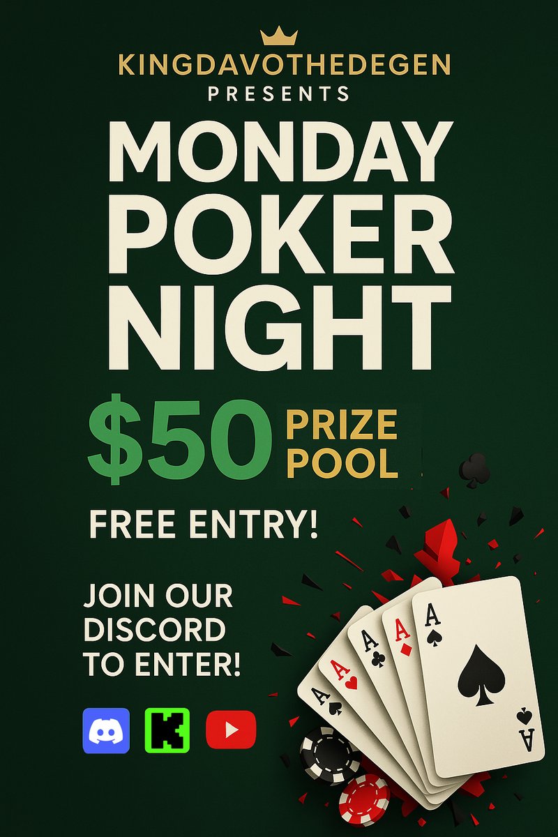 Hey legends, I'll be running our weekly poker tournament at 5:30pm AEST 

You will need to sign up under the code to play! 💚 

Poker Rules: 
 No Buy ins. 
 No Late Entries. 
 No Cheating/Share-Screening. 
 No Players outside of discord will be accepted.

MUST USE DISCORD