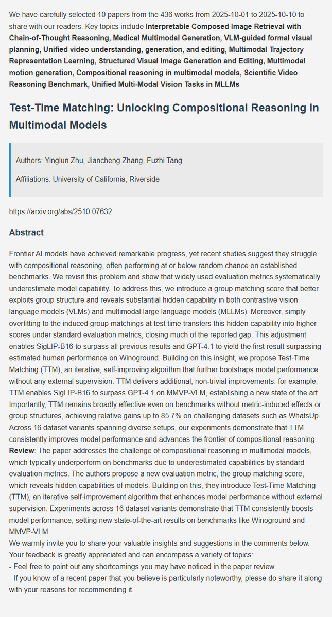 BayCoralee26992's tweet image. LMM latest research progress | 8. Test-Time Matching: Unlocking Compositional Reasoning in Multimodal Models
#AI  #DeepLearning  #ArtificialInteligence  #Datascience  #Research  #MLLM  #MultimodalAI  #Multimodal