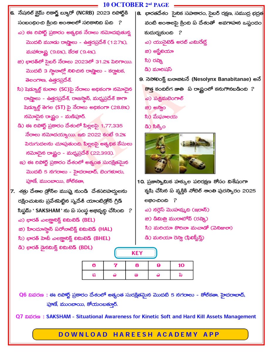 NANDAMSIR's tweet image. 10.10.2025 MCQs | Multiple Choice Questions | Daily current affairs | Education | Telugu | HareeshAcademy
Follow 🚶‍🚶‍ the page for daily updates
#multiplechoice #questionandanswer #questions #Governmentjobs #hareeshacademy #GeneralKnowledge #onlinecoaching #dailycurrentaffairs