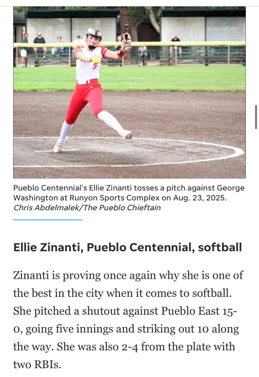 EllieZinanti's tweet image. Thank you @ChieftainNews! go vote me player of the week for my no hitter against East! #uncommitted @coloradopreps
chieftain.com/story/sports/h…