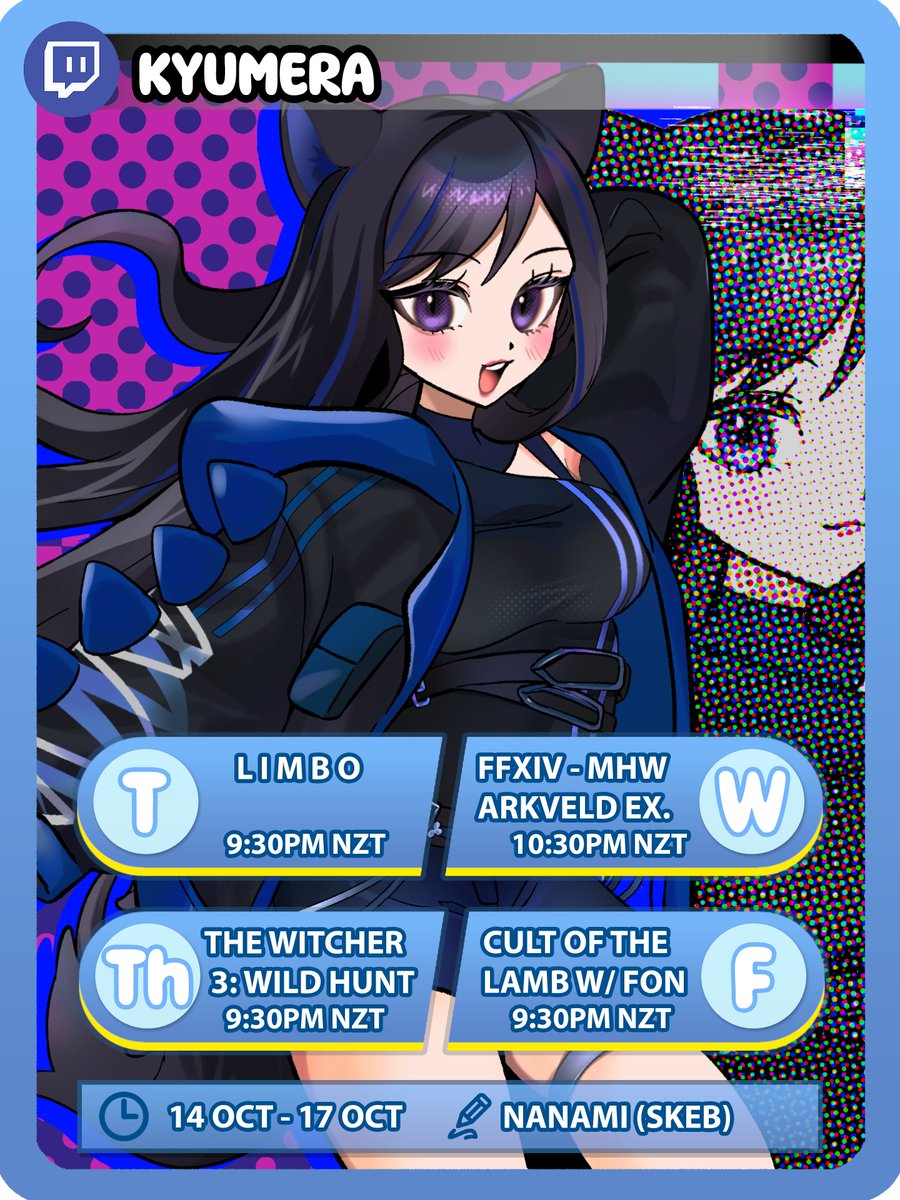 Ahhh, almost halfway through October already! Here's the schedule - will be playing some LIMBO for Horror Tuesday~

Also, some more Cult of the Lamb on Friday with Fon, is new save though so pls repopulate the cult with your presence! Seeya tomodachis

#ENVtuber  #VTSchedule
