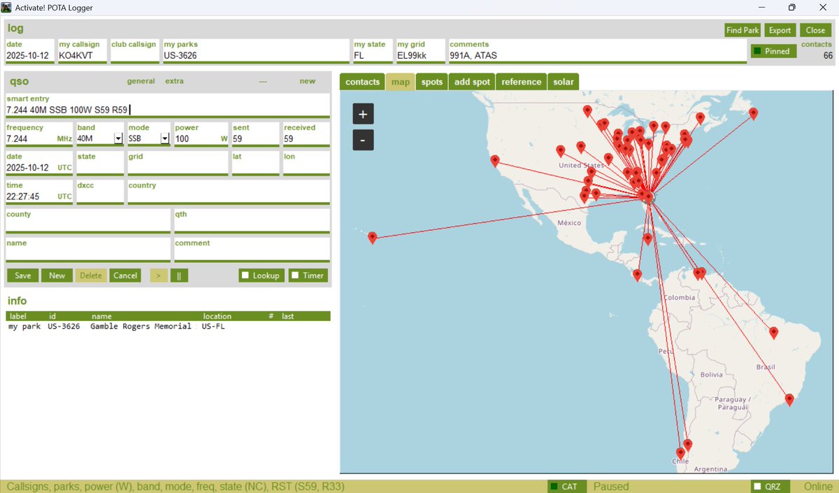 The 10m band seems to be recovering from all the solar activity.  Made POTA contacts from Hawaii to Chile on 10m this afternoon.  Good activity on 12, 15, 17, 20 and 40m as well. <a href="/POTAspots/">Parks on the Air, Inc.</a> #hamradio