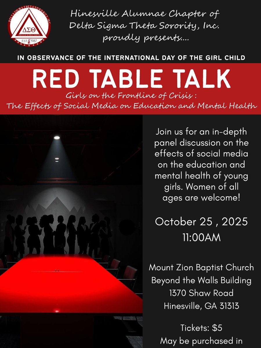 HACDST's tweet photo. We’re hosting a RED TABLE TALK on one of today’s most important topics — Girls on the Frontline of Crisis: The Effects of Social Media on Education and the Mental Health of Young Girls. See flyer for details! #HAC1987 #DST1913 https://t.co/iLTj6CSaAZ