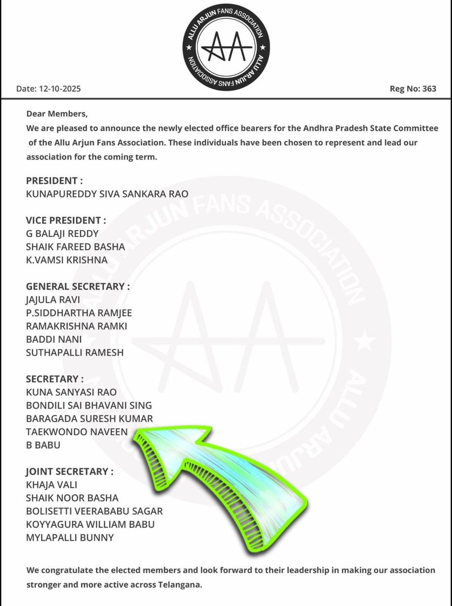 TaekwondoN29128's tweet photo. Happy to share that I have been appointed as Secretary for AP State Allu Arjun Fans Association.

@alluarjun  ❤️🥹

Thank My Team @AIAAFWA_SKLM ❤️🫂
Special Thanks To @imsarathchandra Anna @TheBunnyVas garu ❤️🫂 https://t.co/ZK6tiGLTFP