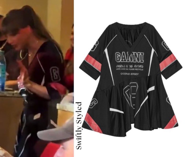Taylor stuns at her first (visable!) game of the year (October 12, 2025)

Wearing:
Ganni ‘League Oversized Mini Dress’ (Custom) 
Louis Vuitton ‘Louise PM Earring’ ($590)
Kindred Lubeck x Travis Kelce Artifex Fine Jewelry ‘Custom Diamond Old Mine Brilliant Cut Engagement Ring