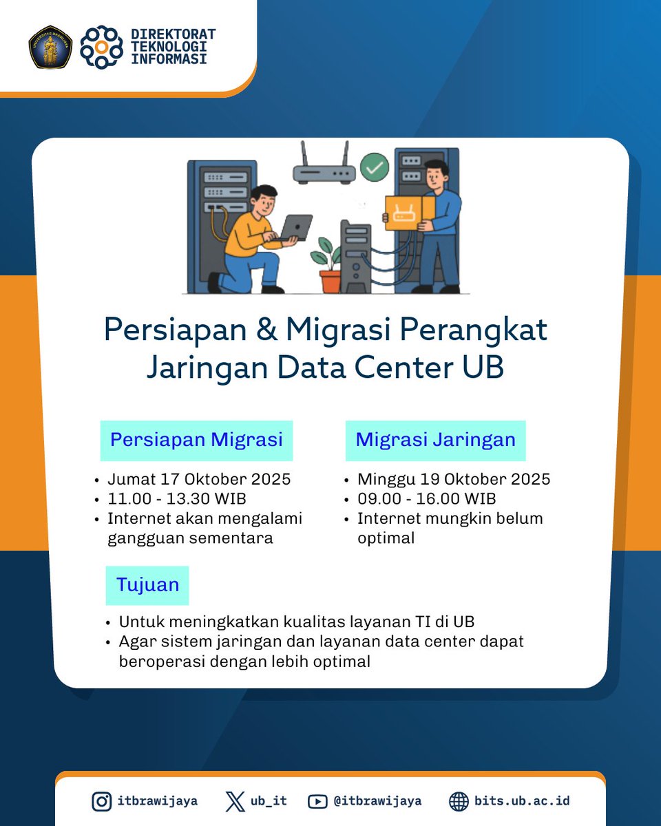 UB_IT's tweet image. Dalam rangka peningkatan keandalan &amp;amp; keamanan infrastruktur jaringan UB, DTI akan melaksanakan kegiatan persiapan migrasi &amp;amp; migrasi perangkat jaringan dari Data Center lama ke Data Center baru.
@UB_Official