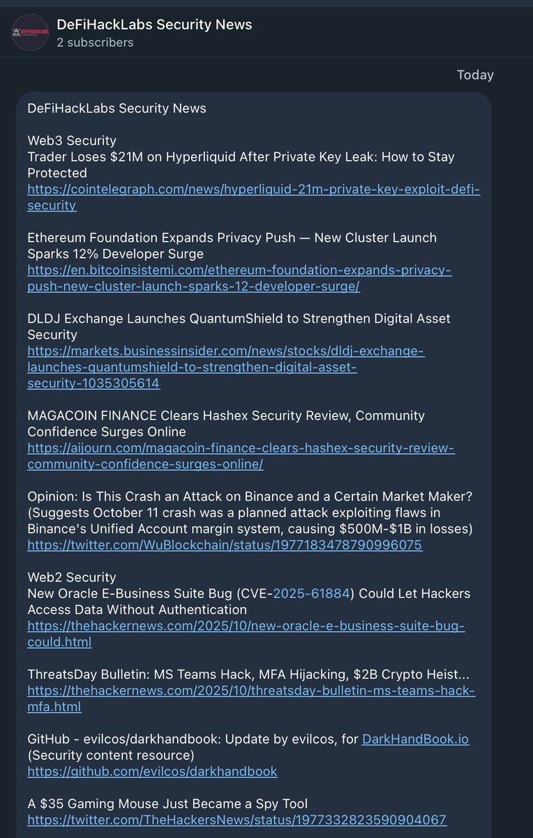 1nf0s3cpt's tweet image. 🔥Publishing my Web3 &amp;amp; Web2 Security News Daily Digest — a quick, curated take on breaches, defenses, and new tools. For builders, defenders, investigators, and security researchers.

👇Subscribe to the Telegram channel

#Web3Security #CyberSecurity