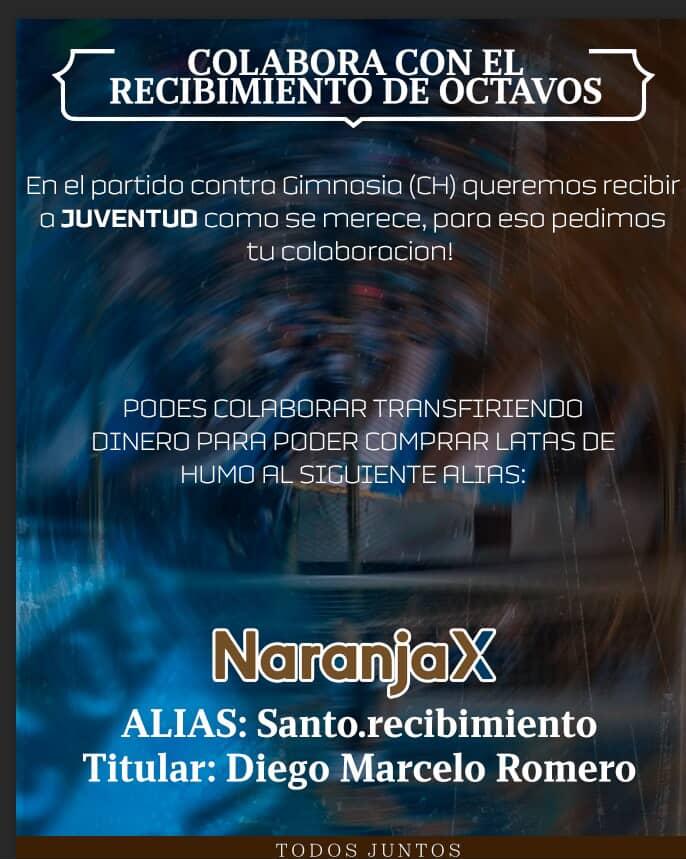 🎉 COLABORÁ CON EL RECIBIMIENTO DE OCTAVOS 🎉 Después de tantos años de aguantar en las malas, de no soltar nunca a JUVENTUD, llegó el momento de disfrutar y apoyar en las buenas. Sumate colaborando para que el estadio explote de color y humo 🔥
Alias:Santo.recibimiento 💙🤍🤎