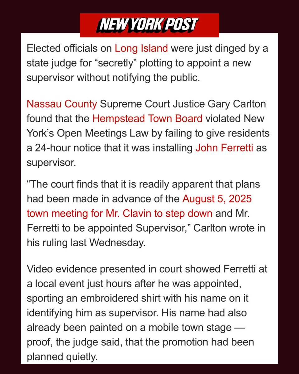 votejoeTOH's tweet photo. @nypost “But the judge stopped short of voiding Ferretti’s appointment. That decision could still be made at a later date.”
#guilty #broke the law #joefortownofhempstead #joeforhempsteadsupervisor #votejoe https://t.co/iuIddICvhy