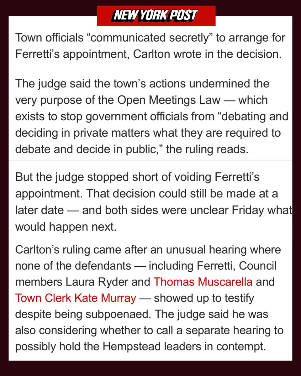 votejoeTOH's tweet photo. @nypost “But the judge stopped short of voiding Ferretti’s appointment. That decision could still be made at a later date.”
#guilty #broke the law #joefortownofhempstead #joeforhempsteadsupervisor #votejoe https://t.co/iuIddICvhy