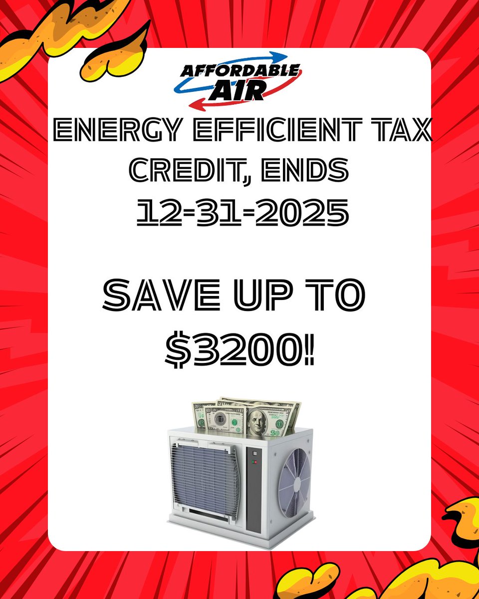 aairchilli's tweet image. 🌟 Comfort meets savings! Get up to $3,200 back with the Energy Efficient Home Improvement Tax Credit before Dec 31, 2025.
📞 (740) 775-3667 | affordableairohio.com
Disclaimer: Check with your tax professional for eligibility.
#HVACDeals #EnergySmartHome #AffordableAirOhio