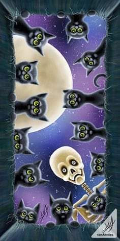 ScaryAllYear's tweet image. The black cat committee is in session, debating tonight&apos;s shenanigans under the glow of the full moon! Even a friendly skull came to observe. What mischievous plans are brewing? 🌙🐈‍⬛💀
#HalloweenFun #BlackCats #SpookyCute #MoonMagic