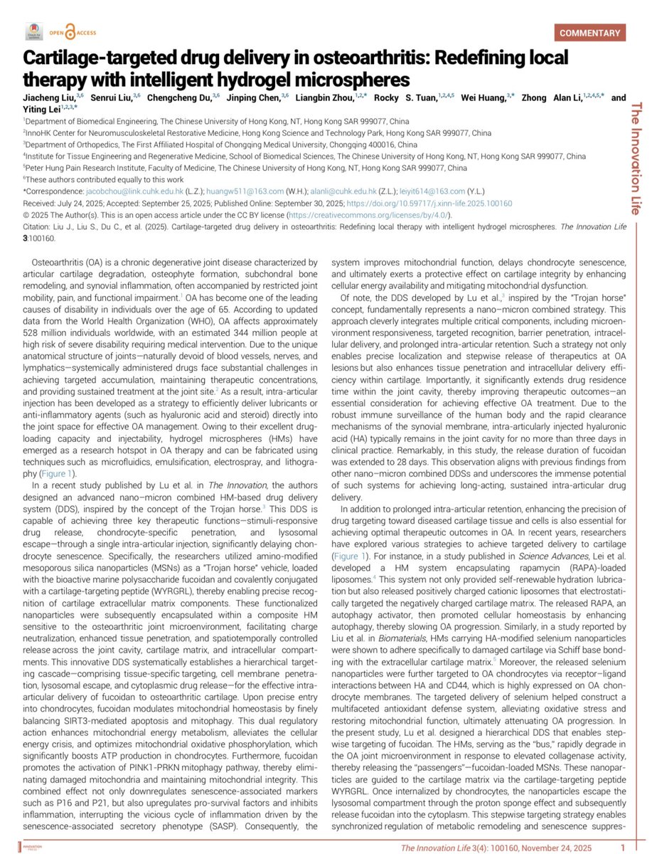 imedverse's tweet image. Cartilage-targeted drug delivery in osteoarthritis: Redefining local therapy with intelligent hydrogel microspheres

the-innovation.org/article/doi/10…

#MedEd #MedX #materialsscience #hydrogel