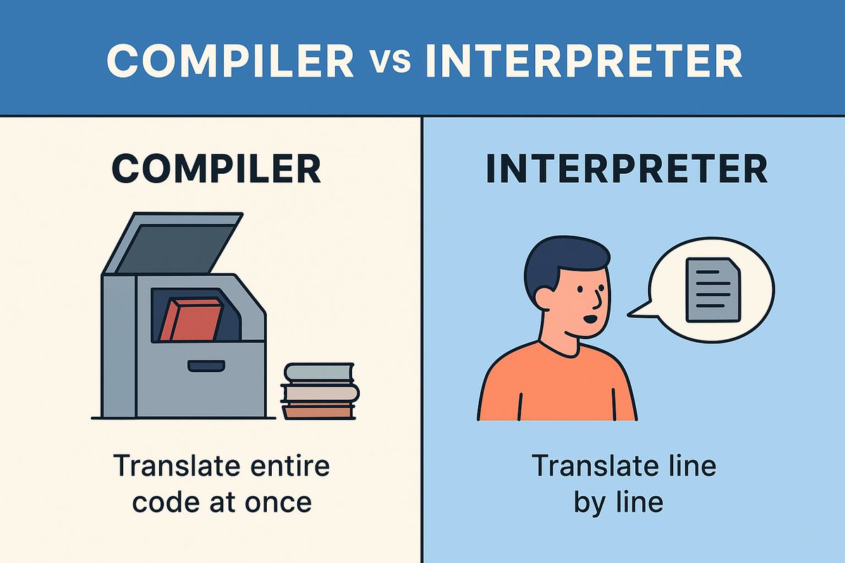 Dianharyani03's tweet image. Compiler vs Interpreter ⚡
Compiler → terjemahkan semua sekaligus (C, Java)
Interpreter → jalankan baris demi baris (Python, JS)
Kayak bedanya baca buku vs ngobrol langsung!
#Coding #TechEdu #SistemInformasi