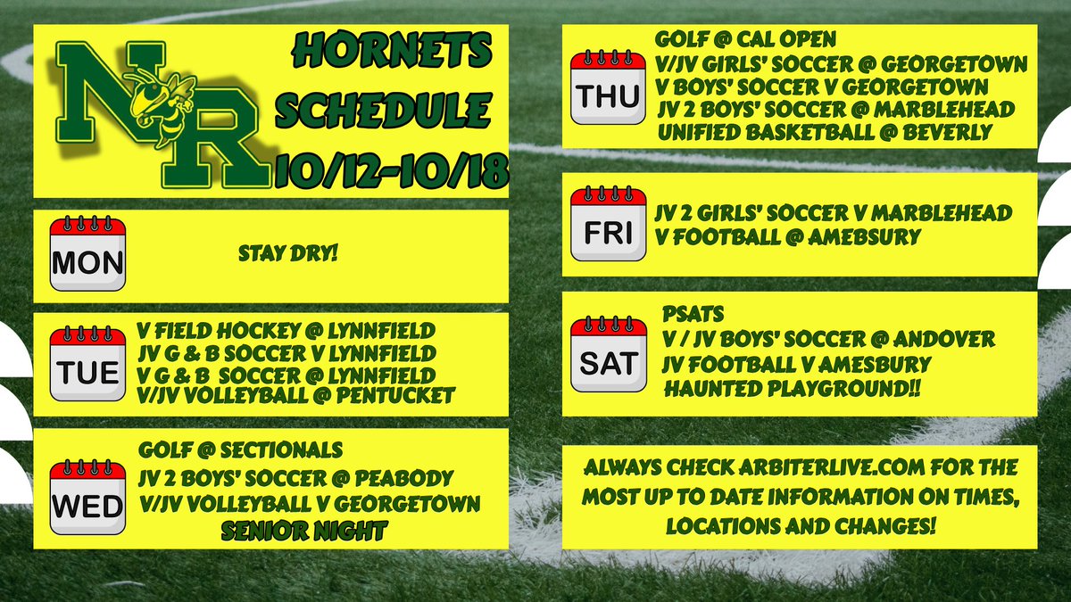 NRHSHornets's tweet image. This week&apos;s busy schedule includes THREE big games on Tuesday @Lynnfield_AD  for Field Hockey and Boys&apos; and Girls&apos; Soccer, Senior Night for our Volleyball team, Football Travels to Amesbury Friday Night and Masquers Hosts Haunted Playground!!  Oh... and PSATs!! @nrtranscript