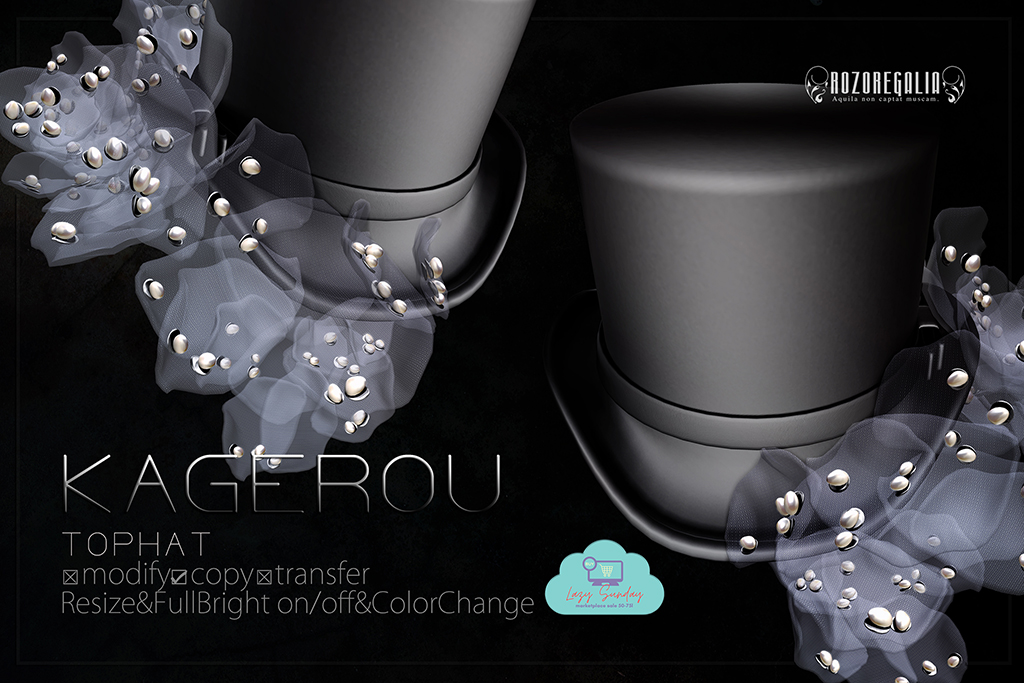 ROZOREGALIA participates Lazy Sunday,Weekly Marketplace Sales✨

🎩ROZOREGALIA_KAGEROU*TOPHAT🎩

Event Opening Date: October 12, 2025
Event Closing Date: October 14, 2025
marketplace.secondlife.com/p/ROZOREGALIAK…