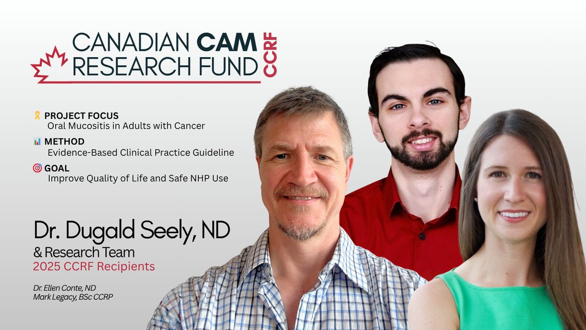 Congratulations to <a href="/DugaldSeely/">Dr. Seely, ND, MSc</a>  Dr. Ellen Conte, ND, &amp; Mark Legacy, BSc CCRP - recipients of the 2025 Canadian CAM Research Fund (CCRF)!

Their work advances integrative oncology &amp; CAM research in Canada. 👏

Learn more: incamnetwork.ca/ccrf

#CCRF #CAMResearch