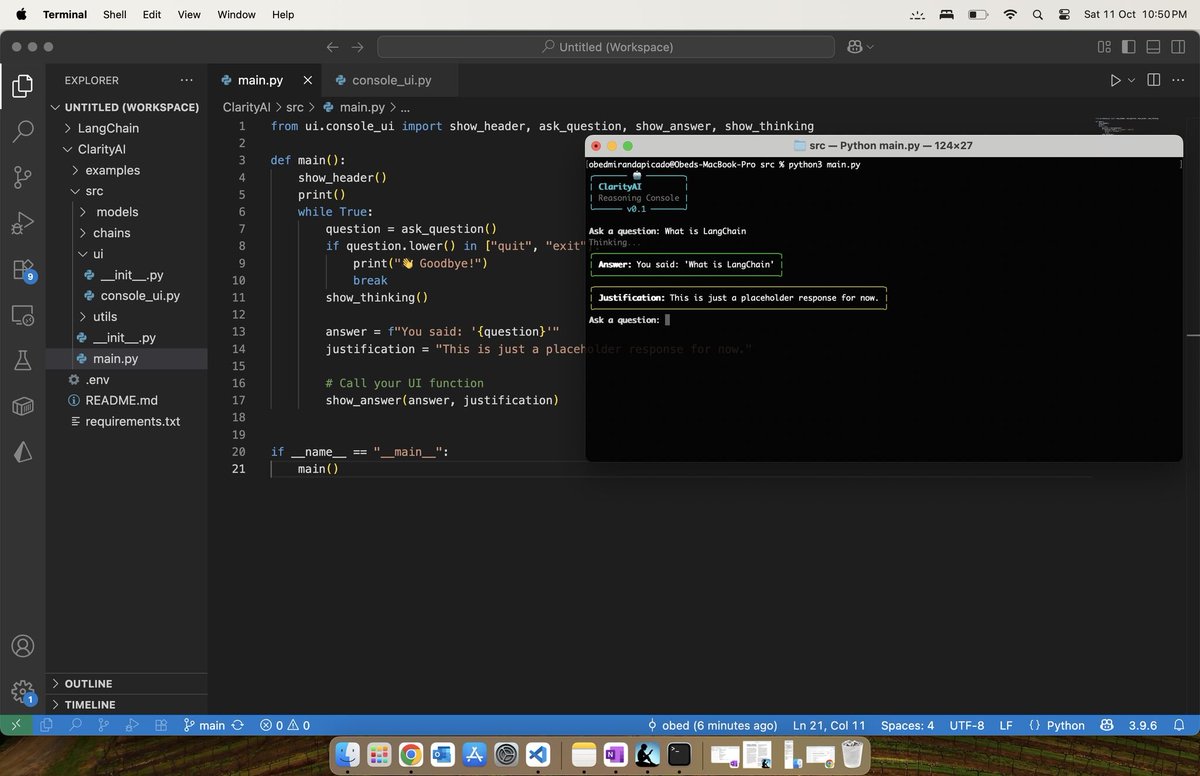 Obed_CR's tweet image. Anyone out there like me, exploring the world #LangChain and  #Python, testing out some early concepts for agentic AI reasoning.

Building this little project step by step to understand how autonomous reasoning chains can interact and justify responses in real time.

If you’ve…