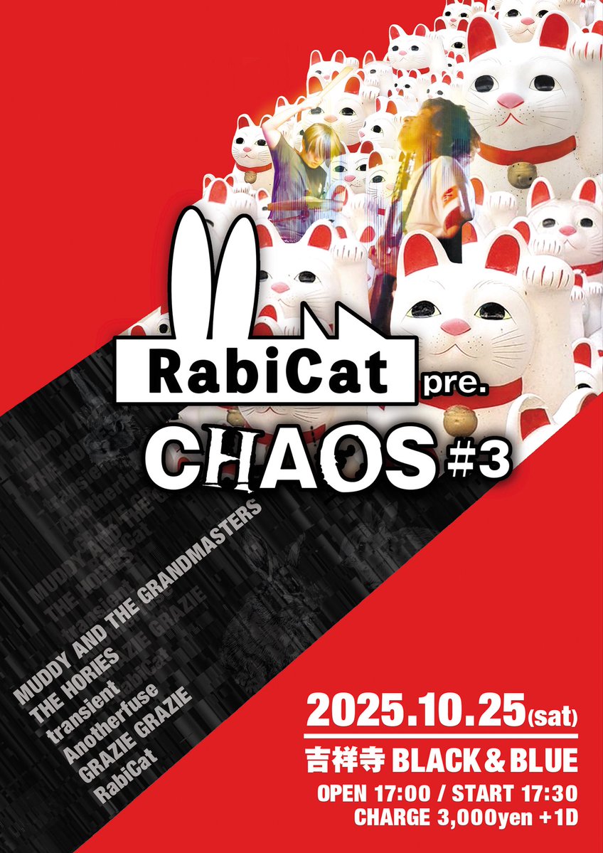 お陰様で今年で3回目の開催❗️

今回も激熱！！
最高のバンド勢に出演して貰います

‼️千客万来‼️

#muddyandthegrandmasters
#thehories
#anotherfuse
#graziegrazie
#transient
#rabicat