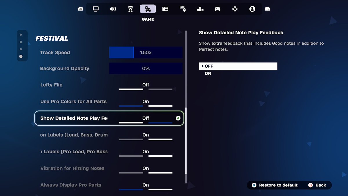 DireThePup's tweet photo. For anyone playing @FNFestival If you don't want those odd looking notes they recently added, you can disable them in your settings.

Settings > Game > Festival > Disable Detailed Note Play FeedBack https://t.co/At0yhmt8aW