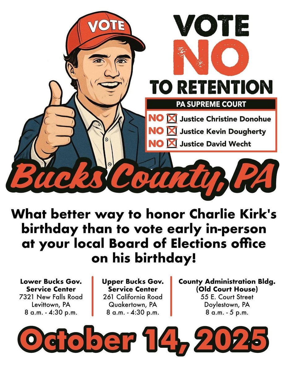 🚨PEACEFUL WARNING🚨

All 67 county election offices should prepare for a flood of voters on Tuesday. 

October 14th — Charlie Kirk’s birthday — is the first day of “in-person, on demand, mail-in voting.” 

I’ll be @ the Doylestown Admin. Building from 8 a.m. - 5 p.m.