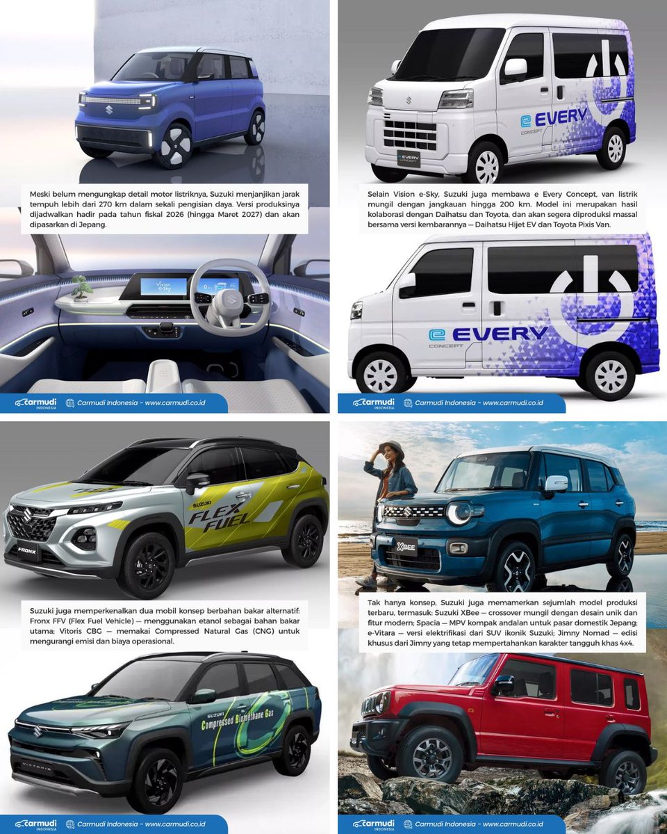 Suzuki siap tampil di Japan Mobility Show 2025 dengan line-up mobil listrik &amp; ramah lingkungan. Ada Vision e-Sky mungil, van listrik e Every Concept, hingga SUV Jimny Nomad. Menurut kamu, mana yang paling cocok masuk Indonesia? #suzuki #carmudiindonesia