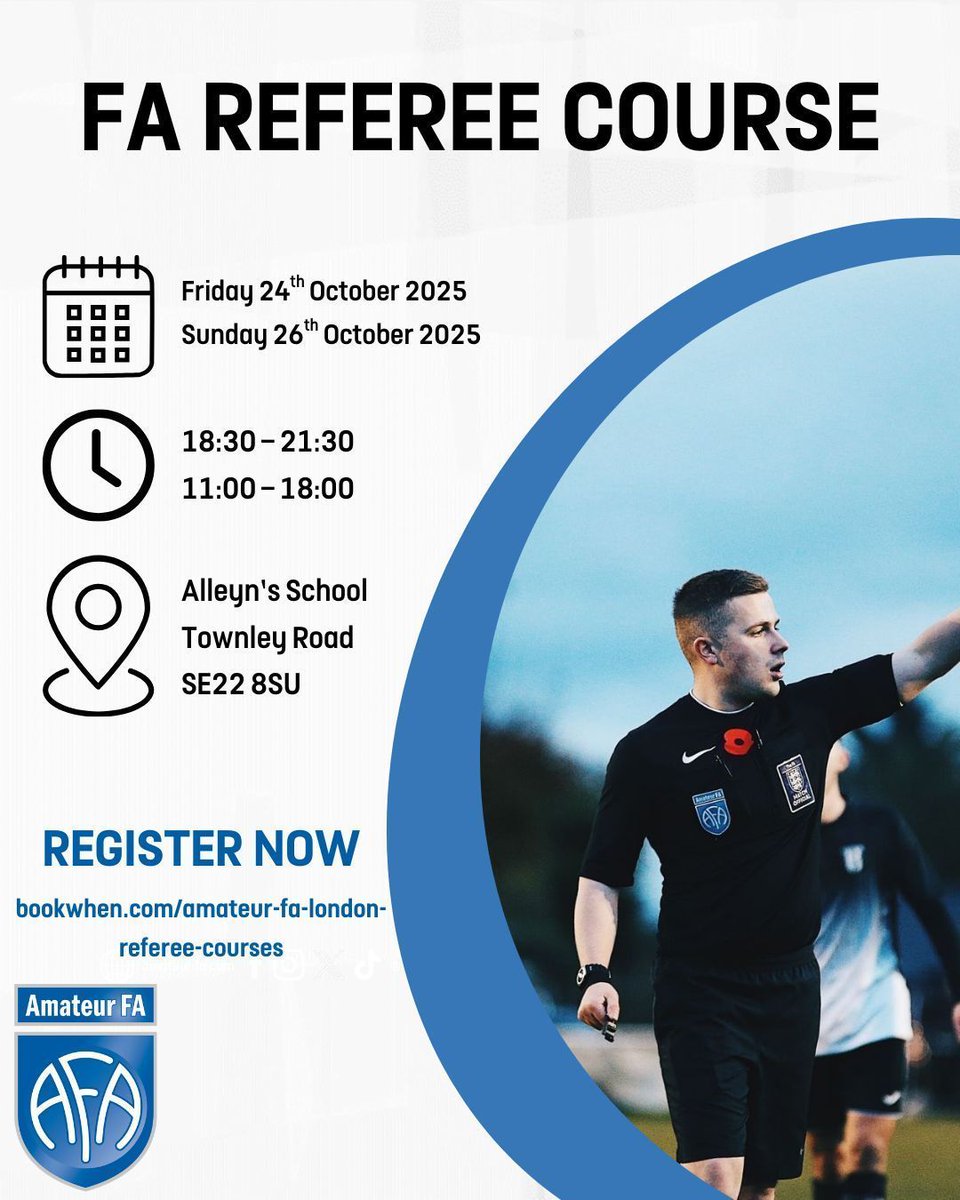 ⚽ FA Referees Course

Refereeing isn’t just about the whistle, it’s about confidence, decisions, and being at the heart of the game.

📍 Alleyn’s School, SE22
🗓 24–26 October 2025

👉 Register now: buff.ly/3L0TuGD

#Refereeing #AmateurFA #StartYourJourney