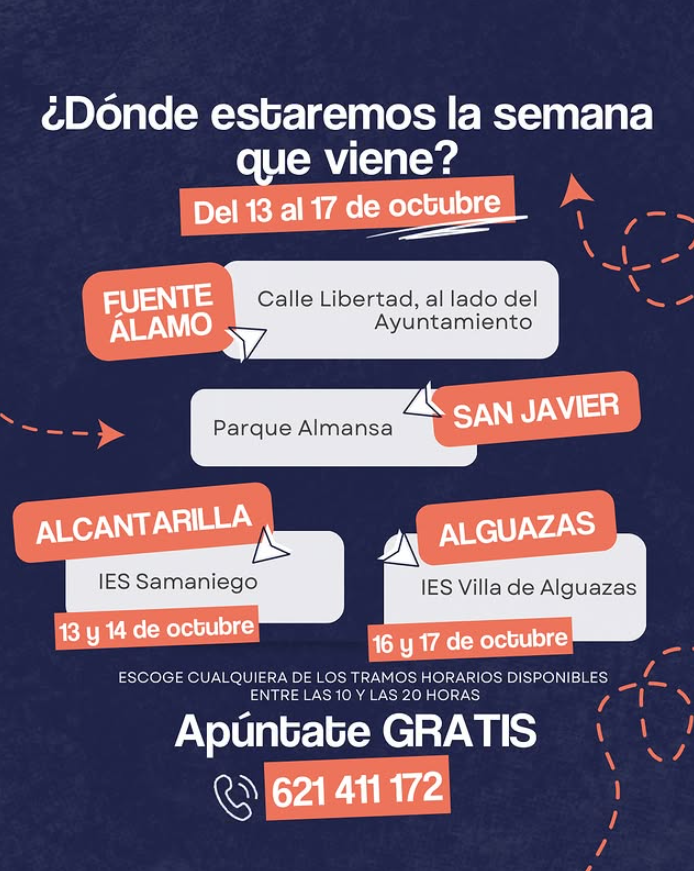 📱💡 ¡Esta semana seguimos recorriendo la Región de Murcia con #Applicate!

Del 13 al 17 de octubre estaremos ayudándote a mejorar tus competencias digitales y a sacarle el máximo partido a la tecnología. 🌐

📍 Dónde nos encontrarás:
Fuente Álamo: Calle Libertad, junto al