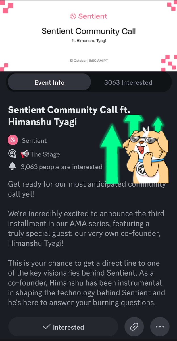 Exciting news about <a href="/SentientAGI/">Sentient</a>

AMA Season 3 is on the way, and we’ll be having the Sentient Community Call live today featuring our Co-founder <a href="/hstyagi/">Himanshu Tyagi</a>

Come ready with your questions, and you’ll get answers along with plenty of clarifications!

Make sure to join us right on