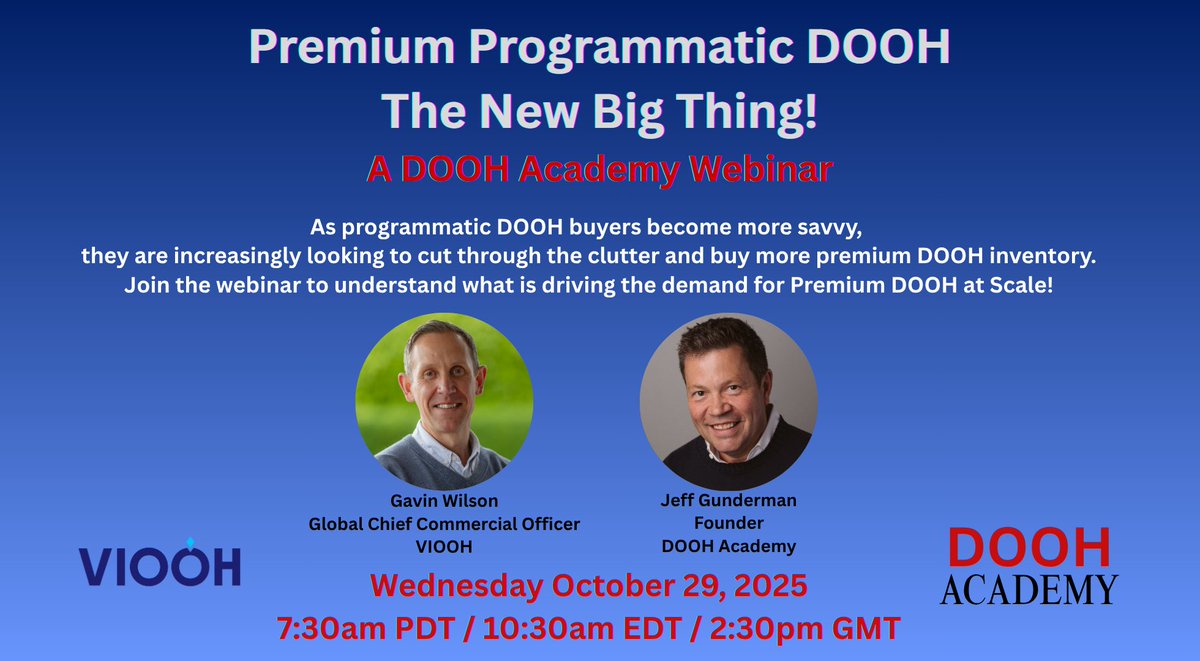 Premium Programmatic Digital Out of Home Media - The New Big Thing!  A DOOH Academy Webinar. 

Join us on Wednesday October 29 at 10:30am EDT.  Registration is free: meet.zoho.com/dmju-yer-evk