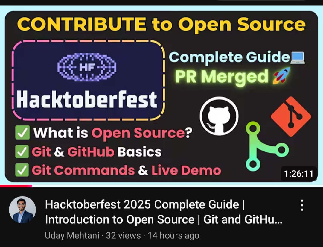 uday03meh's tweet image. Hacktoberfest is the perfect opportunity for beginners to start their open source journey.

I just put together a complete beginner&apos;s guide that takes you from zero to your first PR covering :

✅ What is Open Source
✅ Git &amp;amp; GitHub Basics
✅ Git Commands + Live Demo

Link 👇