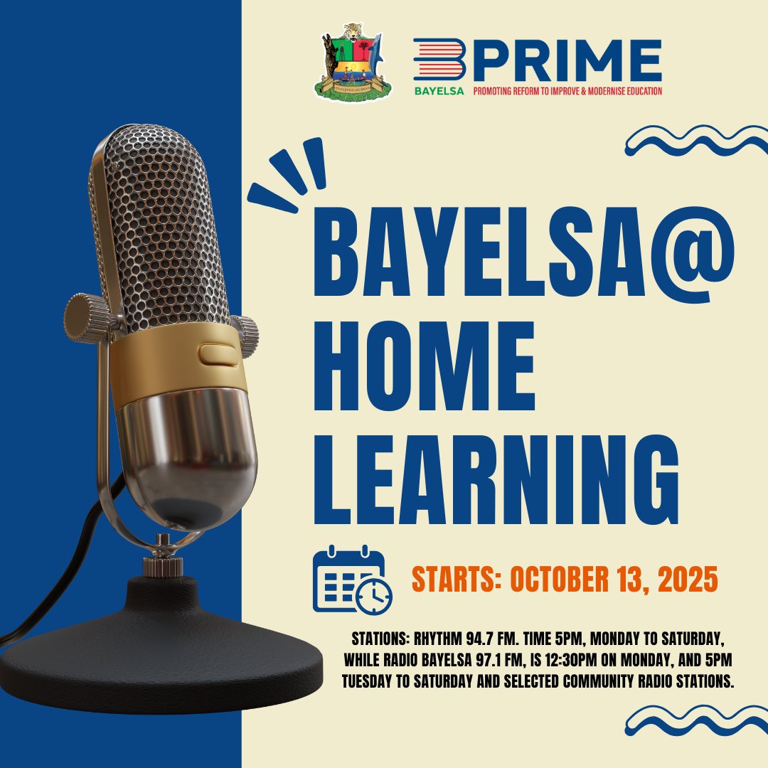 BayelsaPrime's tweet photo. Keep learning with BayelsaPRIME@Home! Tune in for daily radio lessons and win prizes like school bags &amp; books. Listen here 🎧 https://t.co/HLOA4RmlVJ https://t.co/xH28IZDLxn
